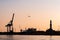 Skyline of harbor of Genoa during the sunset