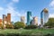 skyline of Houston, Texas in morniong light seen from Buffalo bayou park