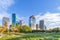 skyline of Houston, Texas in morniong light seen from Buffalo bayou park