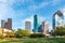 skyline of Houston, Texas in morniong light seen from Buffalo bayou park