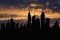 Skyline ideal city metropolis with sunset, cityscape silhouette, skyscrapers illustration