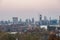 Skyline of London at dusk. View from Greenwich Hill.