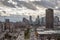 Skyline of Montreal CBD with the Maison Radio Canada CBC tower, and the highways of Avenue Viger and boulevard Ville Marie