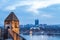 Skyline of New Belgrade Novi Beograd seen in the early evening from the Kalemegdan fortress.