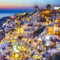 Skyline of Oia Town with Traditional White Architecture and Iconic Windmills in Village of Santorini in Greece