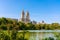 Skyline panorama with Eldorado building and reservoir with boats in Central Park in midtown Manhattan in New York City