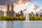 Skyline panorama with Eldorado building and reservoir with fountain in Central Park in midtown Manhattan in New York