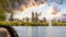 Skyline panorama with Eldorado building and reservoir with fountain in Central Park in midtown Manhattan in New York
