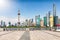 The skyline of Pudong, Shanghai, China, seen from the Bund waterfront