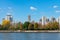 Skyline of Roosevelt Island with the Upper East Side of Manhattan in New York City in the background with Colorful Trees during Au