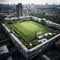 Skyline Soccer Showdown: Rooftop Pitch on Urban Skyscraper