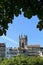 Skyline of Swiss city Fribourg and cathedral tower