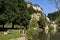 Skyline of Swiss city Fribourg and sunbathers