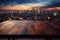 Skyline twilight Blurred night sky, wooden table in the midst of urbanity