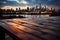 Skyline twilight Blurred night sky, wooden table in the midst of urbanity