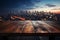 Skyline twilight Blurred night sky, wooden table in the midst of urbanity