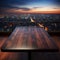 Skyline twilight Blurred night sky, wooden table in the midst of urbanity