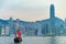 Skyline in Victoria Harbor HK and ship evening