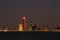 A skyline view of the Corniche Road in Abu Dhabi, UAE taken at dusk