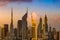 A skyline view of Dubai, UAE showing the buildings of Sheikh Zayed Road and DIFC