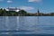 Skyline, view from great ploner ploener lake to plon castle and church Nikolaikirche in Germany, Plo