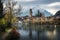 Skyline view of Unterseen with Church tower and Niesen Mountain on background - Interlaken, Switzerland