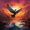 Skys artistry Sunset hues frame abstract bird amidst ethereal evening clouds