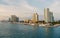 Skyscraper buildings on cloudy sky. Skyline district of miami, usa on sea shore. Architecture, structure, design