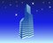 Skyscraper at night with shining stars on blue sky background. Vector illustration.