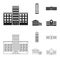 Skyscraper, police, hotel, school.Building set collection icons in black,outline style vector symbol stock illustration