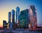 Skyscrapers Buildings of Moscow City business complex at dusk, M