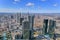 Skyscrapers and commercial buildings in the financial district of Frankfurt. Tall glass buildings. View from the Main Tower