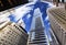 Skyscrapers in Lower Manhattan, looking up at sky, New York City