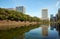 Skyscrapers of Marunouchi district reflecting in the water of Edo castle outer moat. Tokyo. Japan