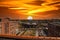 Skyscrapers and office buildings in the cityscape with powerful red and yellow sky at sunset in Atlanta