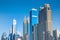 Skyscrappers of office buildings & hotels on the skyline of Dubai, United Arab Emirates