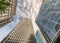 Skyward view of Canary Wharf buildings - London, UK