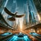 Skyward Vision: Futuristic Cityscape with Eagles and Flying Cars