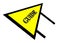 A slant titled triangular yellow guide signage with a pair of black supports white backdrop