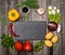 Slate board and colorful ingredients for vegetarian cooking