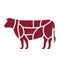 Slaughterhouse or butcher shop logo. Silhouette of cattle divided into parts