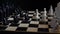 Slavic black and white chess pieces standing on a chessboard on a dark background.