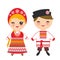 Slavic boy and girl in a red sundress and white shirt with embroidery, hair braided braids Kawaii child in national costume. Carto