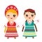 Slavic girl in green red sundress and white shirt with embroidery, hair braided two braids Kawaii child in national costume. Carto