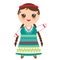 Slavic girl in a green sundress and white shirt with embroidery, hair braided two braids Kawaii child in national costume. Cartoon