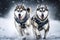 Sled dogs, pair of huskies running along snowy road in forest on winter day. Sports northern animals. Generative AI