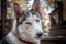 Sled husky dog semi profile closeup