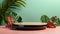 A sleek 3D-rendered minimal product display podium adorned with lush tropical plants, presenting a blend of modern design and