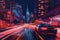 sleek autonomous vehicle driving through a cityscape at night