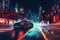 sleek autonomous vehicle driving through a cityscape at night